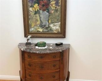 Original Mid Century Painting  Flowers in a vase $ Louis XV style 3 drawer cabinet, Marble top, Marquetry and Ormolu 