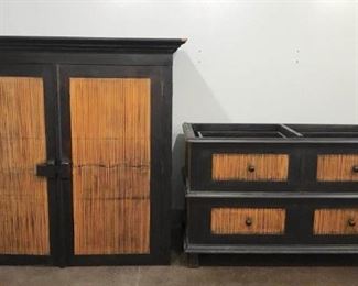  Asian Style Black Wood and Bamboo Cabinet