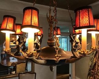 $1,800 Black/Gold Dramatic 19th c Empire neo-classical designed Chandelier with caryatid decor and center golden statuette.