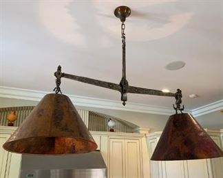 $2,500 Antique Hammered Patina Copper double shade chandelier supported by a French hammered scale on chain.