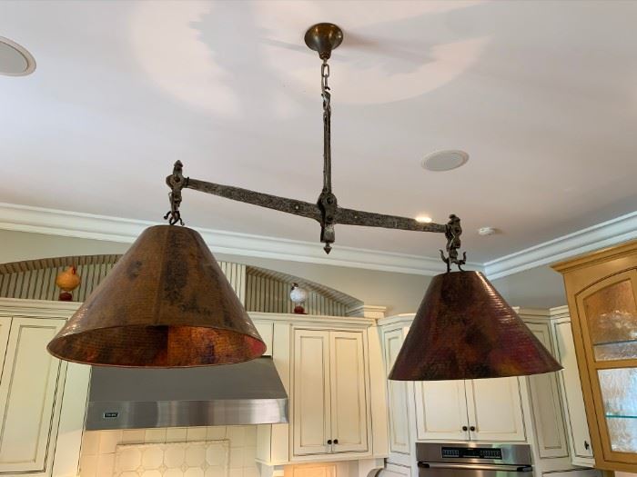 $2,500 Antique Hammered Patina Copper double shade chandelier supported by a French hammered scale on chain.
