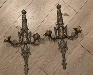 $500 Pair of two candle electric silvered sconces.