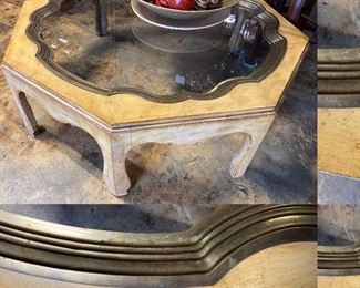 Large Italian Brass/Glass Insert on Wooden Coffee Table