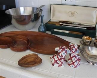 #19 Lot kitchen items stainless bowl, wood tray, misc  $25.00