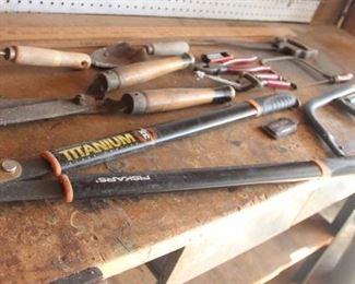 #104 lot garden tools saws misc.   $30.00