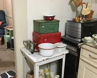 Antique Metal Tin Bread Boxes, Porcelain Table, Antique Shaving Mirror