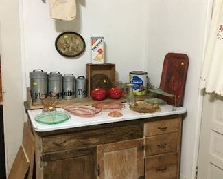 Kitchen Cabinet, Advertising Tins, Depression Glass, Wooden Shelves
