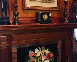 sessions antique mantle clock, 19th century candlesticks and 19th century spelter statues.  Plus we have early cast iron fire tools