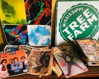 a 1980's collection of Rolling Stone and Spin magazines an everyone need a Mississippi Tree Farm Sign