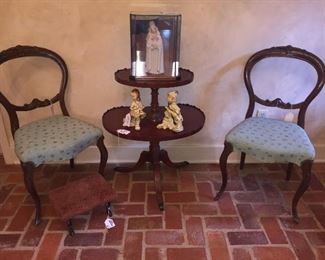 many antique chairs and tables plus gorgeous Cybis figures