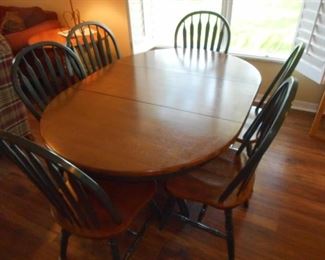 solid wood Hunter Green & Wood Table w/Leaf & 6 Chairs- 60 x 42" https://ctbids.com/#!/description/share/410285