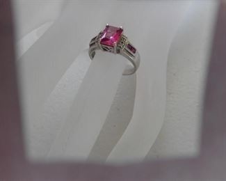 Sterling & dark Pink emerald cut CZ stone ring size 8, 4.3 grams https://ctbids.com/#!/description/share/414200