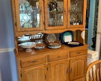 	#2	Oak lighted hutch with 3 drawers and 3 doors 58"x17"x76"	 $120.00 	