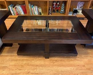 
#19	Wooden coffee table with glass top insert 48"x38"18"	 $75.00 	