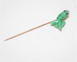 14K Gold Stick Pin Jadeite Fish with Lapis Eyes