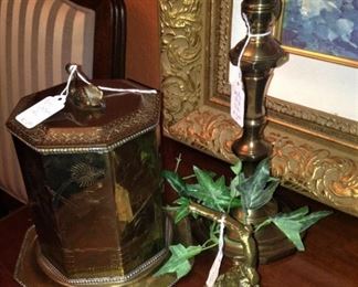 Brass tobacco box and candlestick