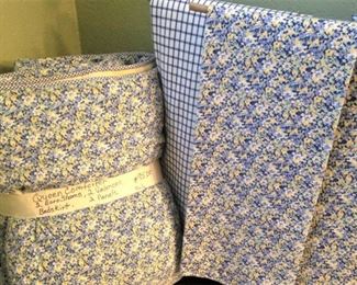 Lined queen bedding in blue, yellow, and white (2 Euro shams, bedskirt, 2 valances, 2 panels)