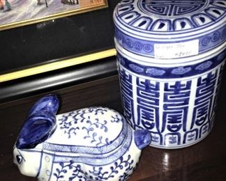Blue & white  rabbit bowl and lidded jar