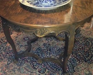 Small round table; large blue & white bowl with underplate