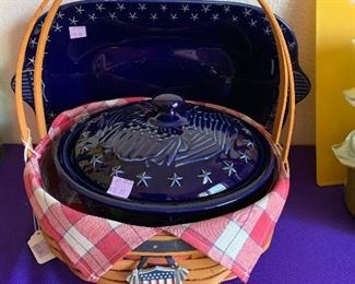 Longaberger platter and casserole dish. Large assortment of Longaberger baskets