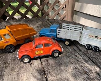 Tonya pick up with horse trailer, VW bug and Buddy L dump truck 