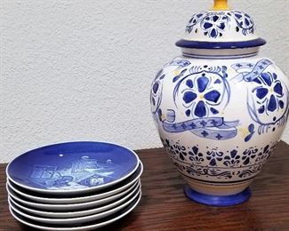 Blue collectible plates and decorative jar