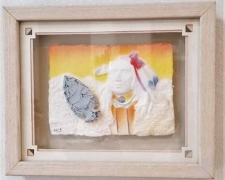 Native American 3D paper art  framed in a matted shadow box