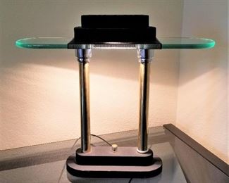 Mid-century modern desk lamp. Glass and metal.