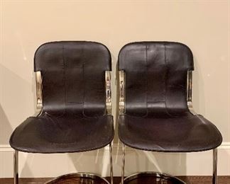 Item 8:  (2) Willy Rizzo Black Saddle Leather & Chrome Cantilever Chairs, 1970s, heavy stitching  - 18" x 18" x 35" Tall: $350/pr