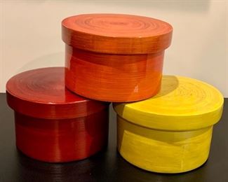 Item 20:  Red, Orange & Yellow Lacquer Circular Wooden Covered Boxes, 4.5" x 3": $34 for set