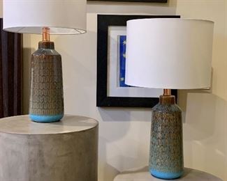 Item 17:  (2) Aqua & Green Pottery High Fire Ceramic Lamps, 3.5" x 21.5": $145 pair