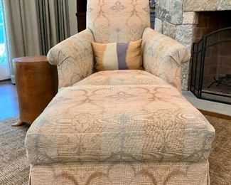 Item 48: 1 Donghia Floral Upholstered Arm Chair w/ Ottoman - $1295 and  another W/O Ottoman - $1050, newly upholstered in neutral tones.
Chairs - 32" x 23" x 37.5"
Ottoman - 23" x 19" x 17.5"
