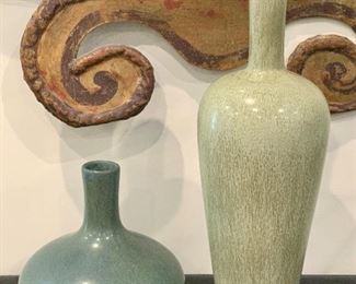Item 52:  (2) Mitchell Gold & Bob Williams Decorative Vases Cylinder Vase - Small Vase -7" x 5.5": $25
Tall Vase - 4" x 13": $45