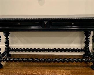 Item 47:  Black Lacquer, Twisted Leg Console Table
69.5" x 21.5" x 32" Tall, (bottom right leg is missing decorative gilt knob): $725