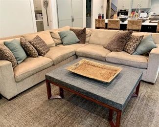 Item 50:  Sectional Sofa, well loved with upholstery issues,  - 112.5" x 32" x 36": $350 ---- Stone top table not for sale