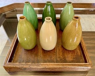 Item 67:  (6) Varying Shades of Celadon, Beige and Brown Highly Glazed Ceramic Vases with Wooden Tray
Vases - 2.5" x 6" -- Brown Tray - 12.5" x 12.5" x 2: $65