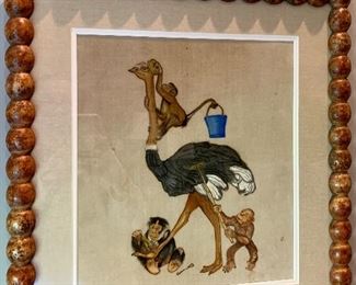 Item 90:  Vintage Hand Painted Ostrich & Monkeys on Velvet: $225