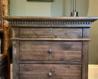 Item 85A:  Restoration Hardware "St James" Closed Nightstand with three drawers (key missing) - Antiqued Coffee,  32" x 19.5" x 30" Tall: $300 