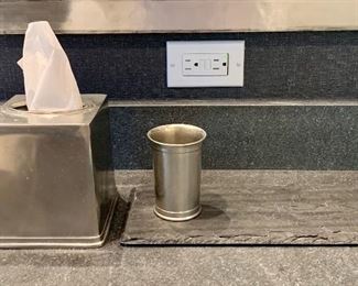 Brushed Silver Tissue Box & Toothbrush Holder with piece of slate: $10