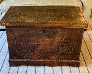 Item 140:  Vintage Leather Trunk with Hammered Nailhead Design - 30" x 17" x 20": $350
