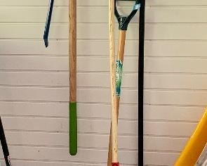 Lot of Lawn Tools, spade, red rake, 2 push brooms: $20