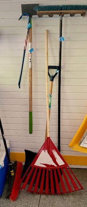 Lot of Lawn Tools, spade, red rake, 2 push brooms: $20