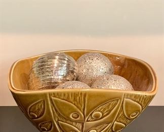 Decorative Olive Green Ceramic Bowl with Silver Orbs: $34