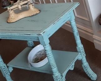 Vintage TABLE - 1800'S EastLake Side table (mint green) with wood roller feet - measurements - 29.5x30