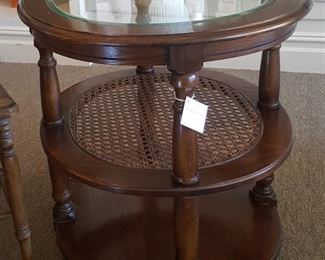 1970's End table with cane shelf and glass top