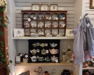 Tea cups / Tea Pots / and Tea Cup Shelf / vintage aprons