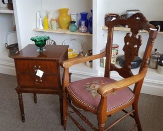 Antique Oak Chair Carved Back with Needlepoint Seat dated 1876