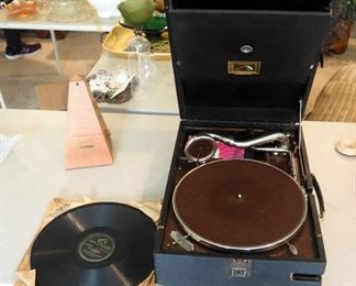 Vintage RCA Portable Gramophone " His Masters Voice #4" With Records Qty. 5 And Seth Thomas Metronome