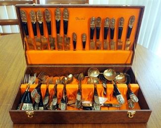 55 Piece Vintage Brass And Rosewood Thailand Flatware Set In Felt Lined Wood Storage Case