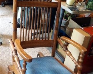 Antique Carved Back Solid Wood Rocker/Glider With Upholstered Seat, 45"